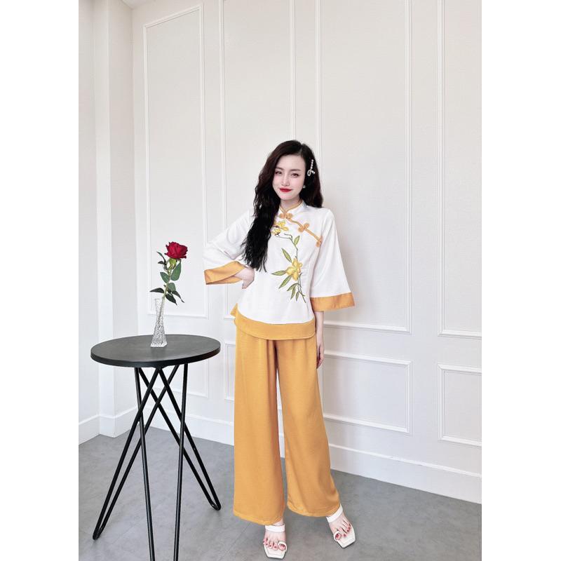 Đồ Đi Chùa Nữ, Bộ Pháp Phục Đi Chùa lụa tuyết nhung, phối nút tàu, Freesize 40-60kg