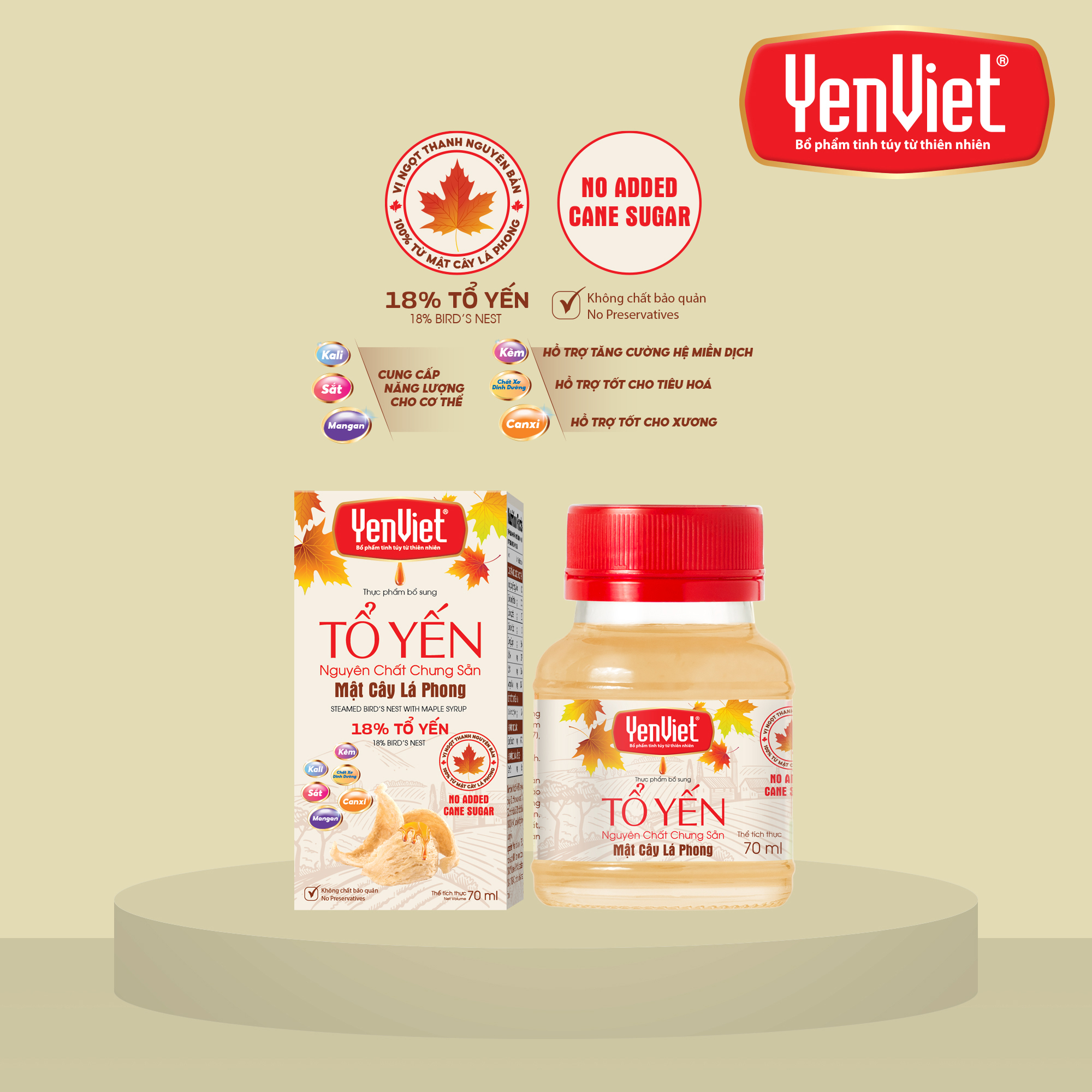Yến Việt - Hộp quà tặng 5 lọ x 70ml 18% Yến nguyên chất chưng sẵn, mật cây lá phong, không sử dụng đường mía