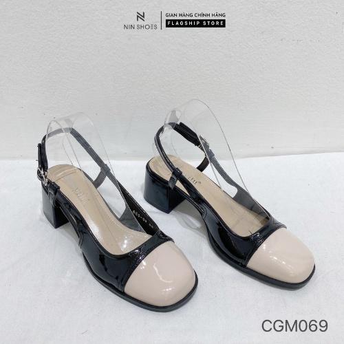 Giày cao gót Ninshoes - Cao gót Mary jane 3P đé vuông mũi tròn viền dưới pha 2 màu quai ngang cài