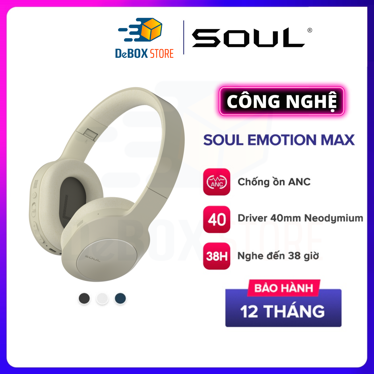 Tai Nghe Bluetooth Chụp Tai SOUL Emotion Max, Chống Ồn ANC, BT 5.0, Driver 40mm QUALCOMM CVC 8.0 - Hàng Chính Hãng