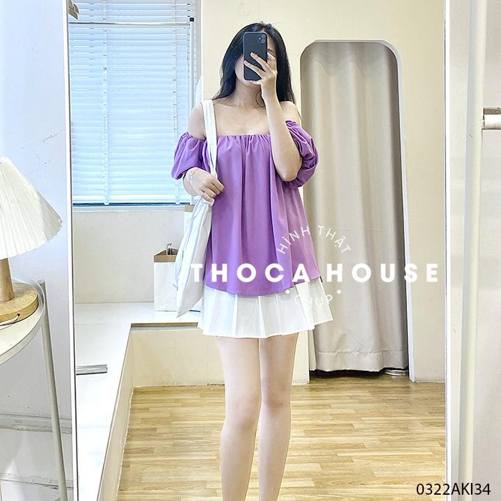 Áo kiểu nữ trễ vai tay phồng trơn trắng, tím, xanh cốm THOCA HOUSE gợi cảm, mặc đi chơi, đi du lịch