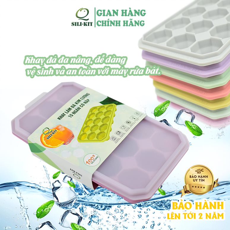 Khay làm đá silicone có nắp QSILIKIT 15 ngăn hình kim cương, hộp trữ đông thực phẩm an toàn