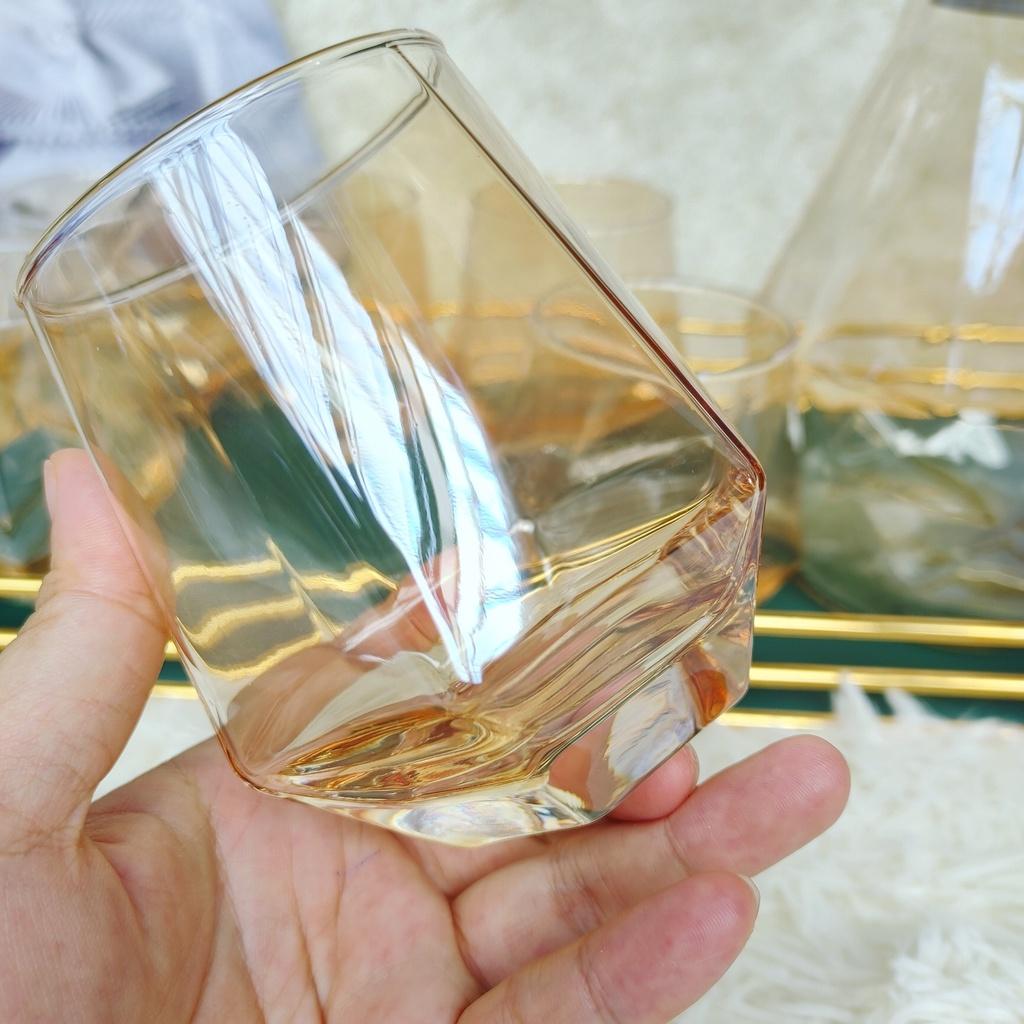 Bộ Cốc thủy tinh lục giác mẫu kim cương đáy siêu dầy cường lực Ly uống nước Màu Vàng sang trọng - trong suốt