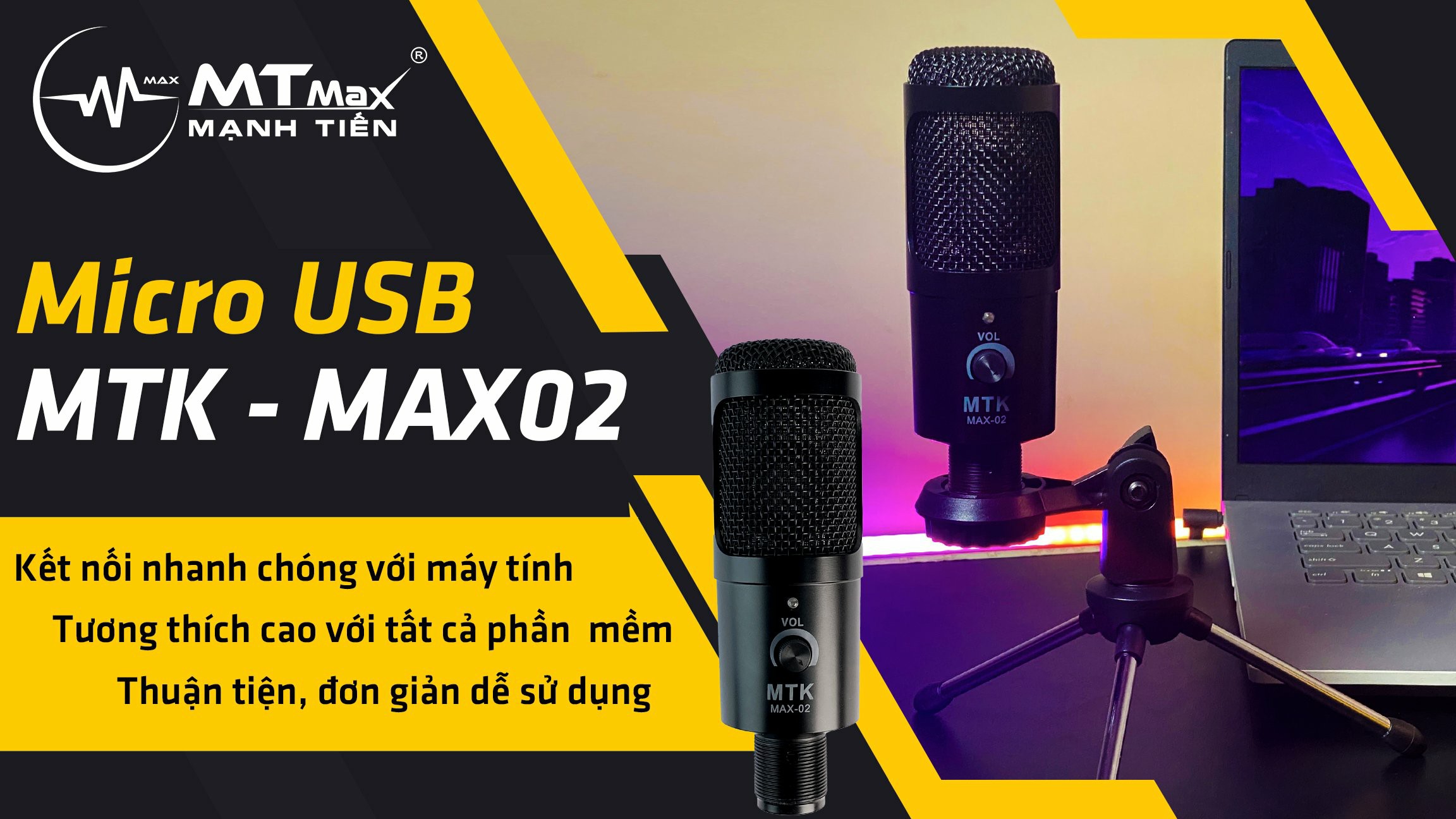 Micro thu âm MTK Max-02 USB - Kết nối trực tiếp qua cổng USB không cần sound card - Sử dụng cho laptop, PC, smartphone - Hỗ trợ livestream, trò chuyện, pk, gaming, hội họp, học trực tuyến ... - Tương tích hầu hết các phần mềm - Hàng nhập khẩu