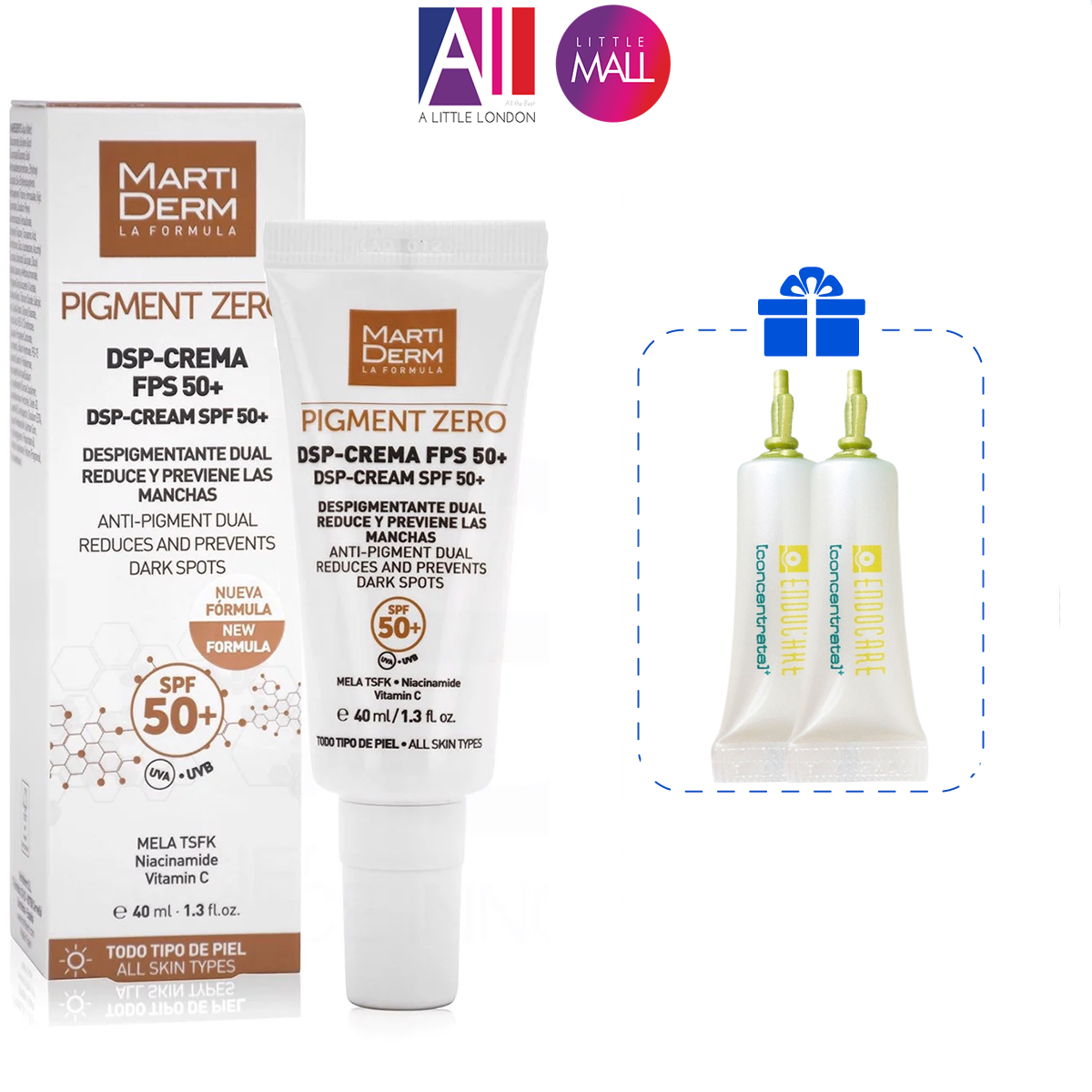 Kem chống nắng làm sáng da, mờ đốm nâu MartiDerm Pigment Zero DSP SPF50+ Cream 40ml TẶNG tinh chất Endocare