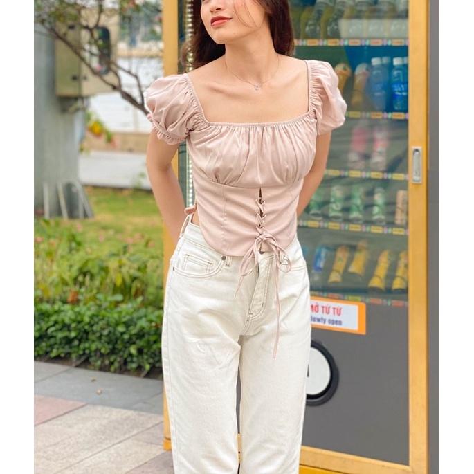 Quần jean baggy nữ trắng chỉ nổi cotton co dãn 4 chiều