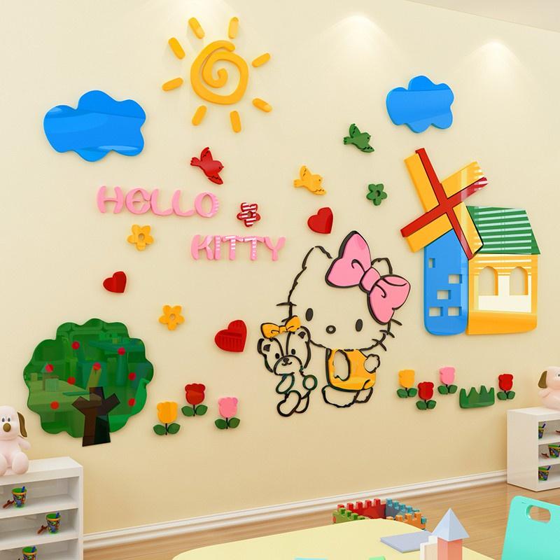 Tranh dán tường mica 3d decor khổ lớn khu vườn của hello kitty trang trí mầm non, mẫu giáo, phòng cho bé