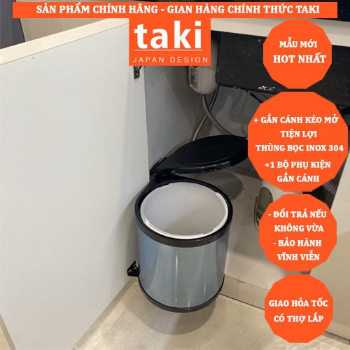 Thùng Rác Thông Minh Tròn Gắn Cánh TAKI Bọc INOX 304 Tủ Bếp - Bảo Hành 10 Năm