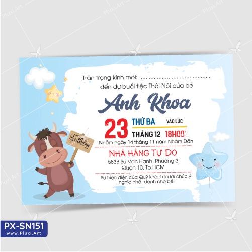 Thiệp thôi nôi – sinh nhật Pluxi bé Trai tuổi Sửu - Trâu - PX_SN151
