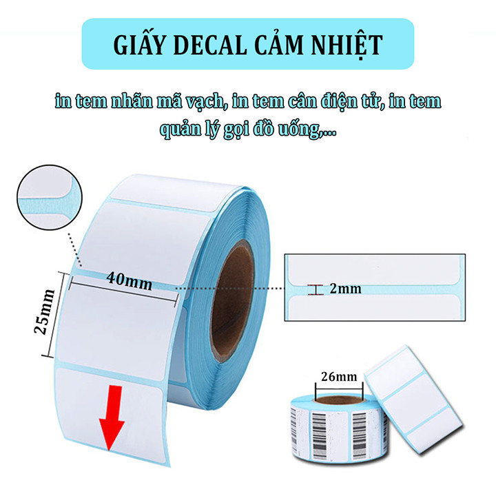 Giấy in nhiệt, in mã vạch 1 tem 40x25mm, khổ 44 dài 30m