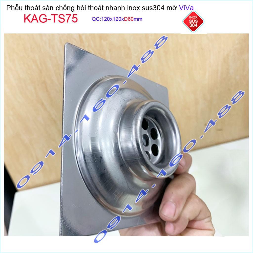 Phễu thoát sàn Viva KAG-TS75 12x12cm D60, phễu thoát sàn SUS304 đúc liền khối sales 40%, hố ga chống hôi inox 304 dày 1.