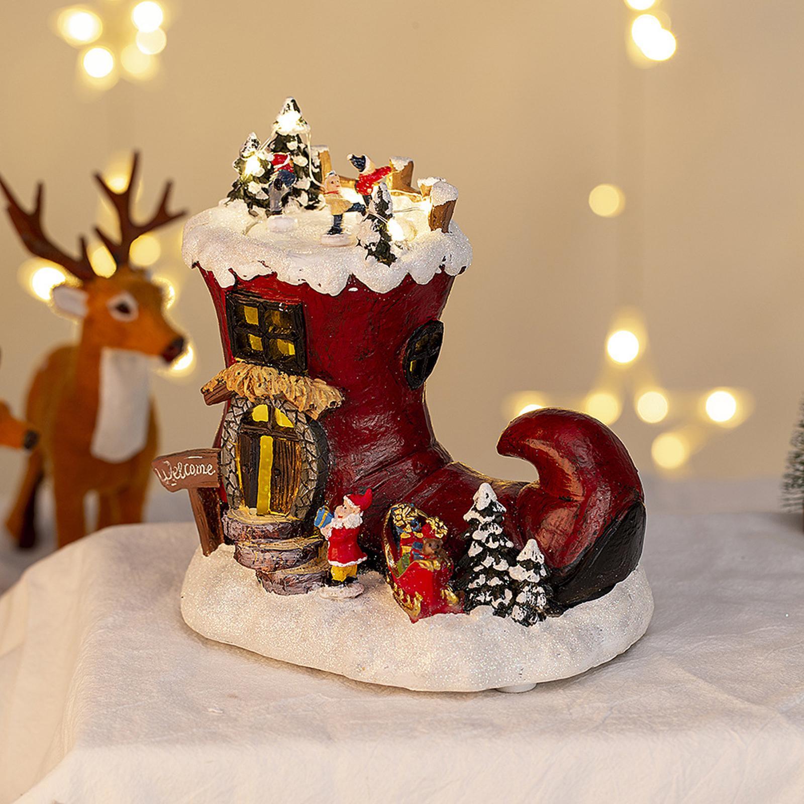 Rotating Boot House Music Box Christmas Ornament Table Centerpiece with Light Santa Claus Figurines for Home Dorm Restaurant