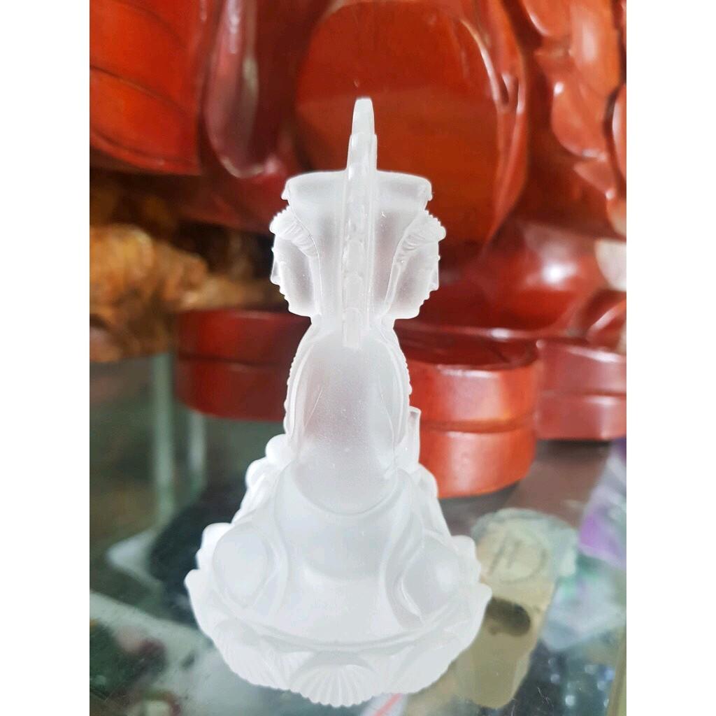 Tượng Phật Bà Quan Âm 2 Mặt ĐÁ LƯU LY TRẮNG TINH ĐẸP ĐỂ TRONG XE HƠI hoặc BÀN cao 10cm đk 6cm mệnh KIM mệnh THỦY ạ