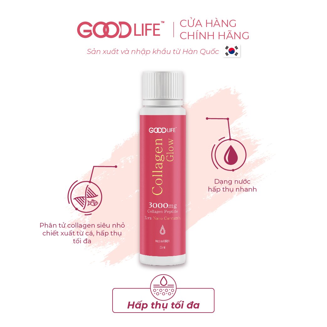 Combo 3 hộp nước uống GOODLIFE COLLAGEN GLOW 3000mg -kết hợp độc đáo Nano Curcumin (tinh bột nghệ) và Vitamin C (10 ống)