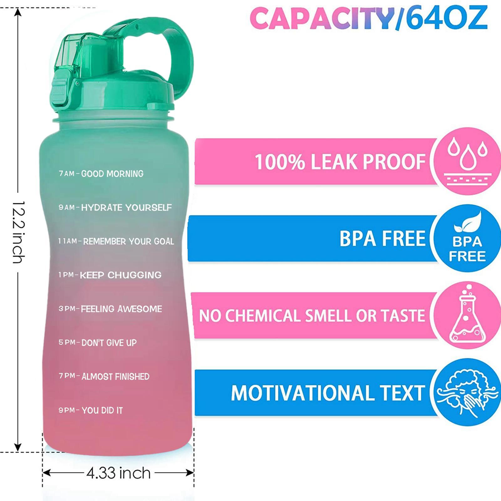 2.2 Litre Motivational Water Bottle with Time Markings & Straw Half Gallon Water Bottle Leakproof BPA Free Reusable Large Water Jug for Sports and Gym