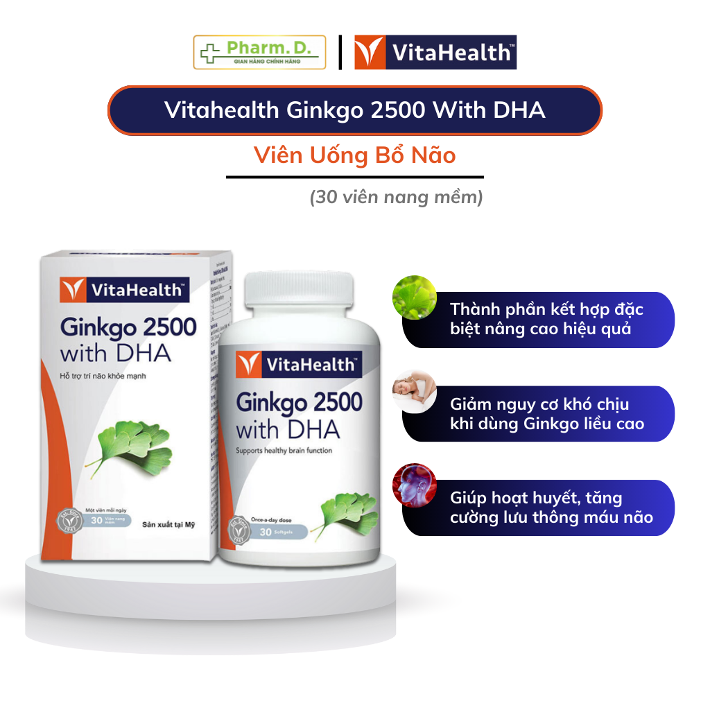 Viên Uống Bổ Não, Tăng Cường Trí Nhớ VITAHEALTH Ginkgo 2500 With DHA (Hộp 30 Viên/ 60 Viên)