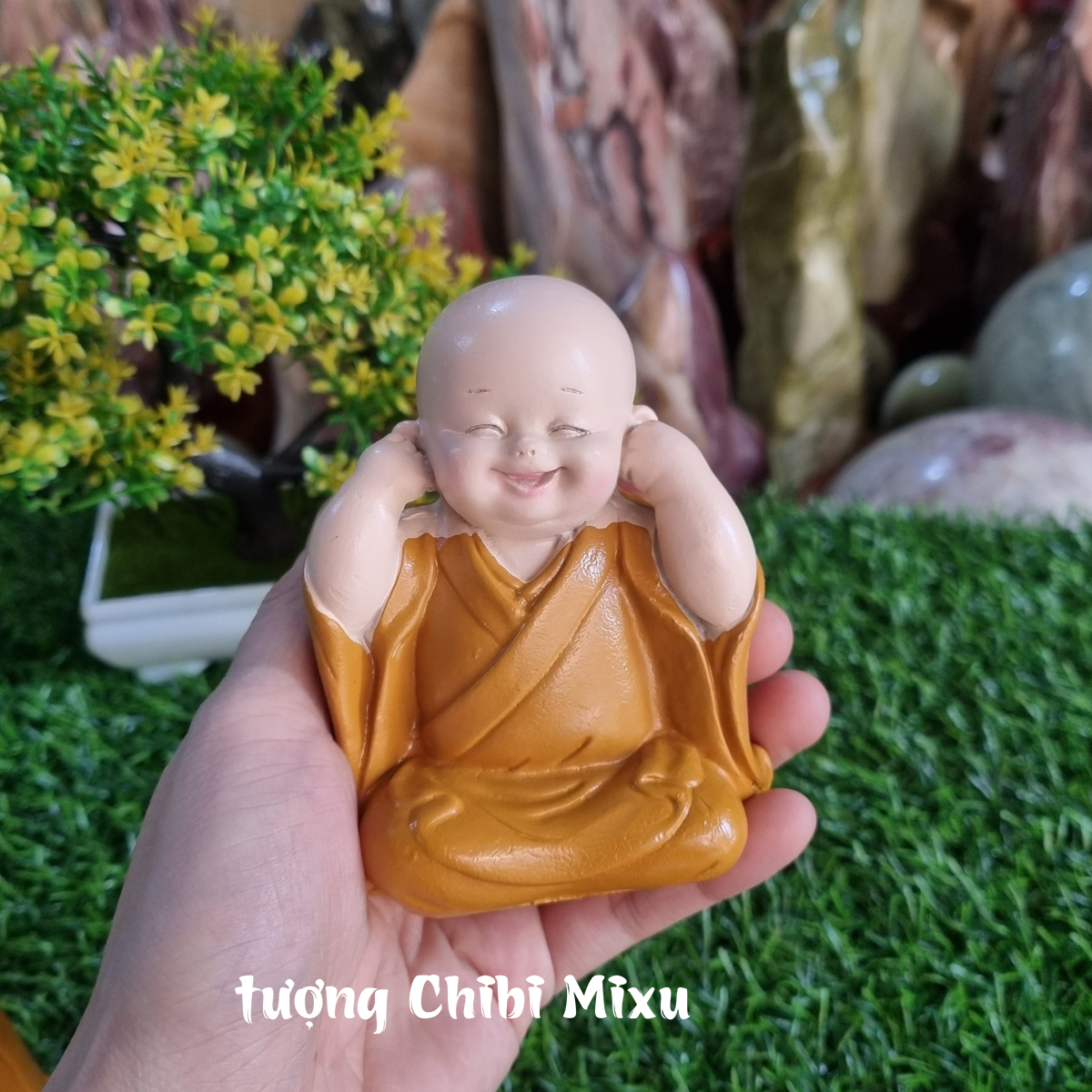 Bộ 04 tượng Tứ Không mẫu áo nâu size 10cm - tặng kèm 10 xu vàng mini may mắn