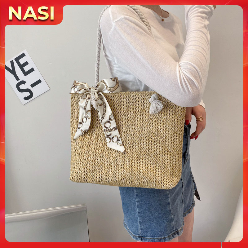 Túi xách nữ dễ thương NASI T1044 vải cói pu cầm tay đẹp túi tote đeo vai có dây kéo thời trang cho nữ công sở, học sinh