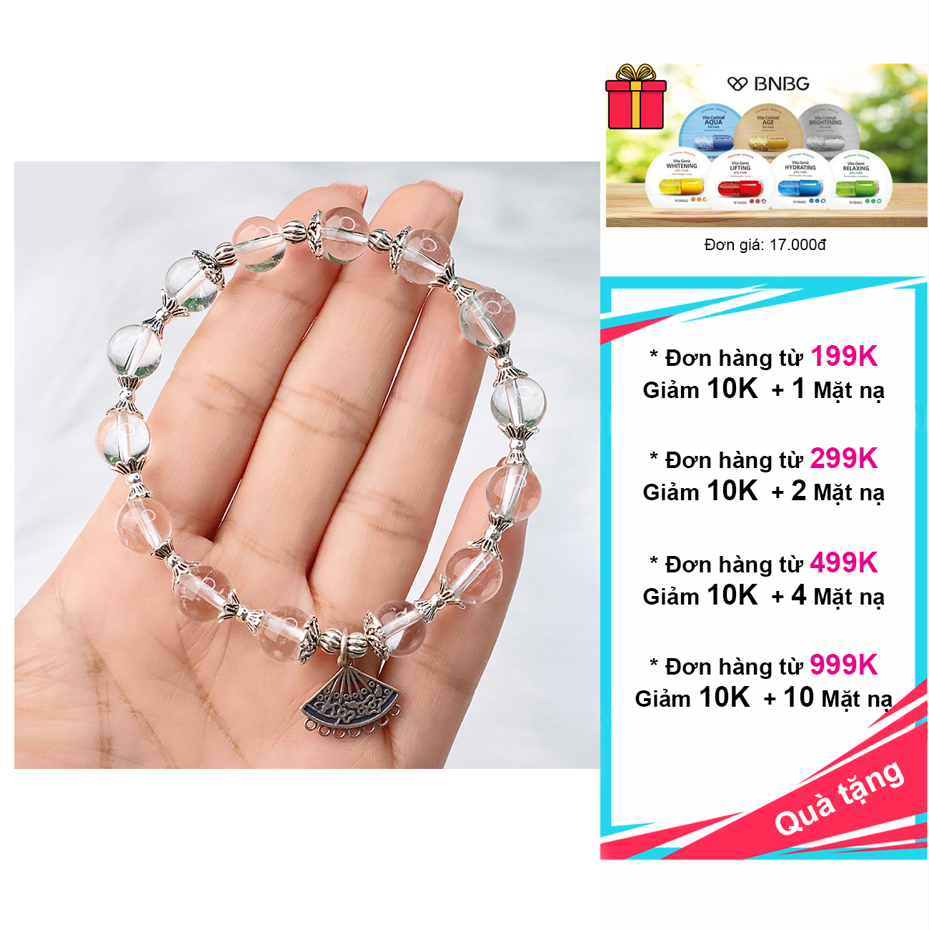 Vòng đá thạch anh trắng mix charm bạc 925 cao cấp
