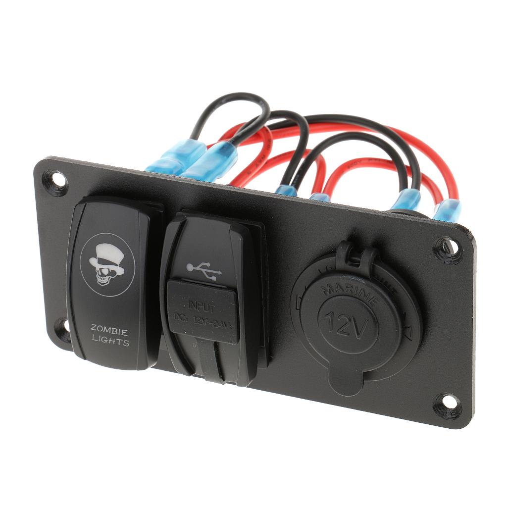 Power Socket +5 Pin Rocker Switch+Dual USB Charger Panel for 12V/24V Vehicles