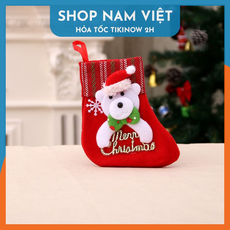 Vớ Nhung Đỏ Thêu Chữ Merry Christmas Trang Trí Cây Thông Noel Giáng Sinh