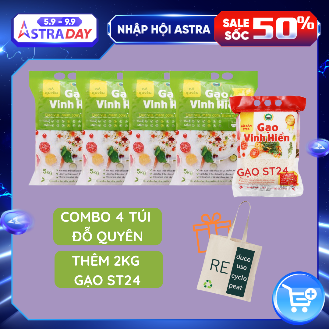 Đặc sản Tiền Giang - Combo 4 túi Gạo Đỗ Quyên 5kg tặng thêm 1 túi Gạo ST24 2kg - OCOP 4 SAO