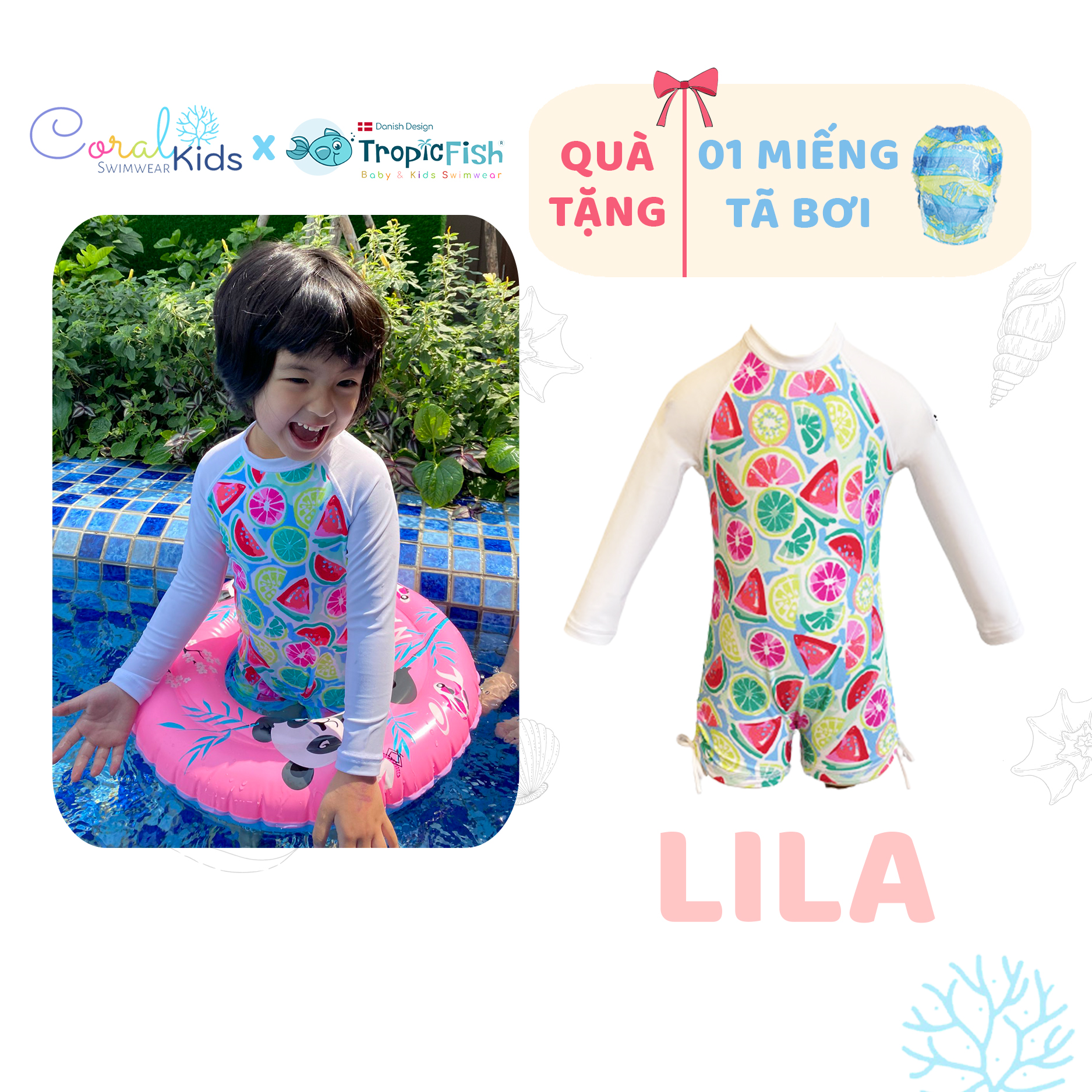 ĐỒ BƠI CHỐNG NẮNG GIỮ NHIỆT CORAL KIDS SWIMWEAR CHO BÉ GÁI 6 tháng đến 4 tuổi - Lila Swimwear - Tặng tã bơi