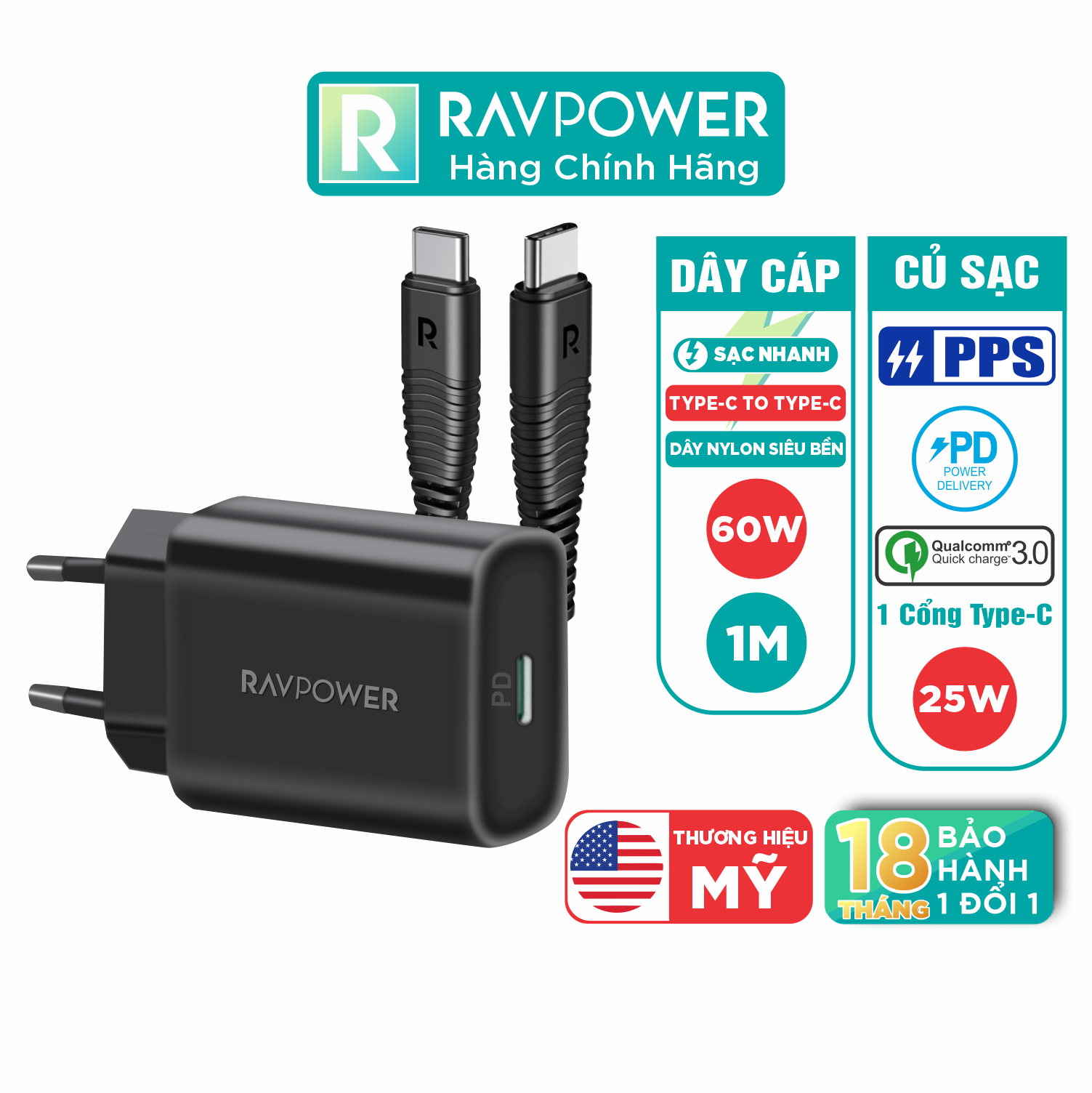 Combo Củ Sạc Nhanh Type-C PPS 25W RAVPower RP-PC156-B và Cáp Type-C To C 60W Dài 1M RP-CB047-B Dành Cho Điện Thoại Android, Cho Samsung, Cho Vivo, Cho Oppo, Cho Xiaomi Và Máy Tính Bảng - Hàng Chính Hãng