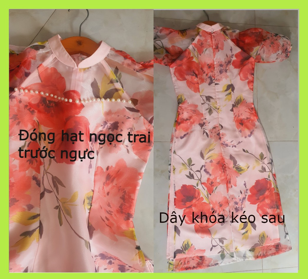 Áo dài cách tân tay phồng in hoa 4 tà cao cấp AD32 - Lady fashion