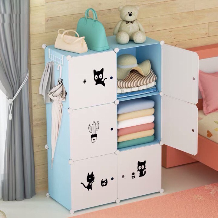 Tủ nhựa ghép 6 ngăn thân xanh cửa trắng mèo full ô