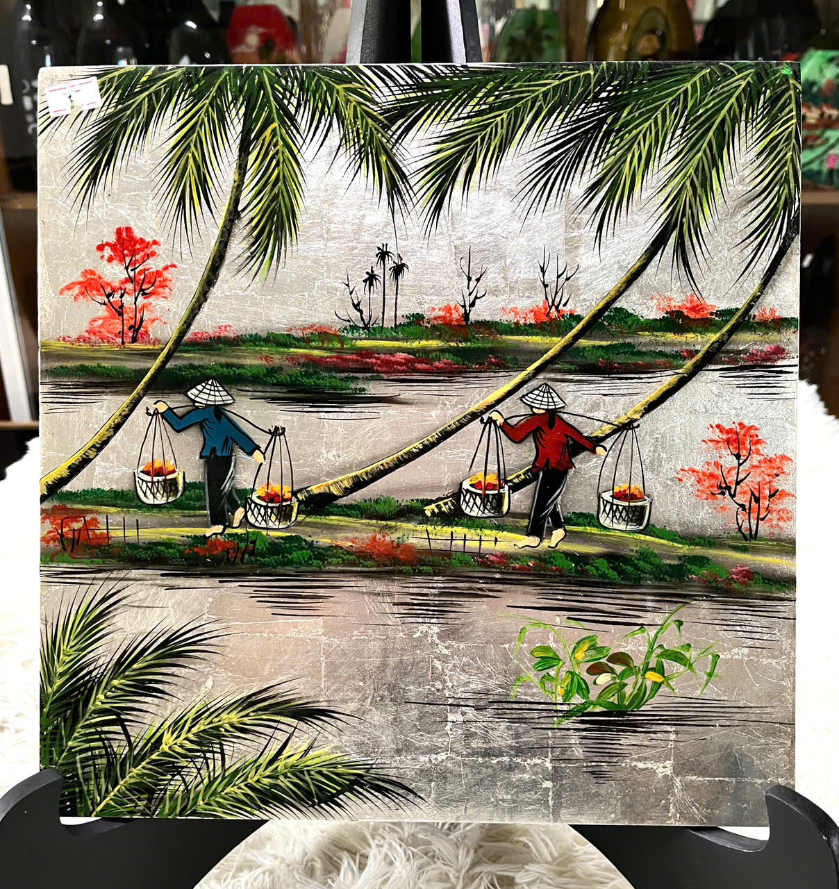 Tranh sơn mài đồng quê vẽ vàng, hàng xuất khẩu 30x30 cm