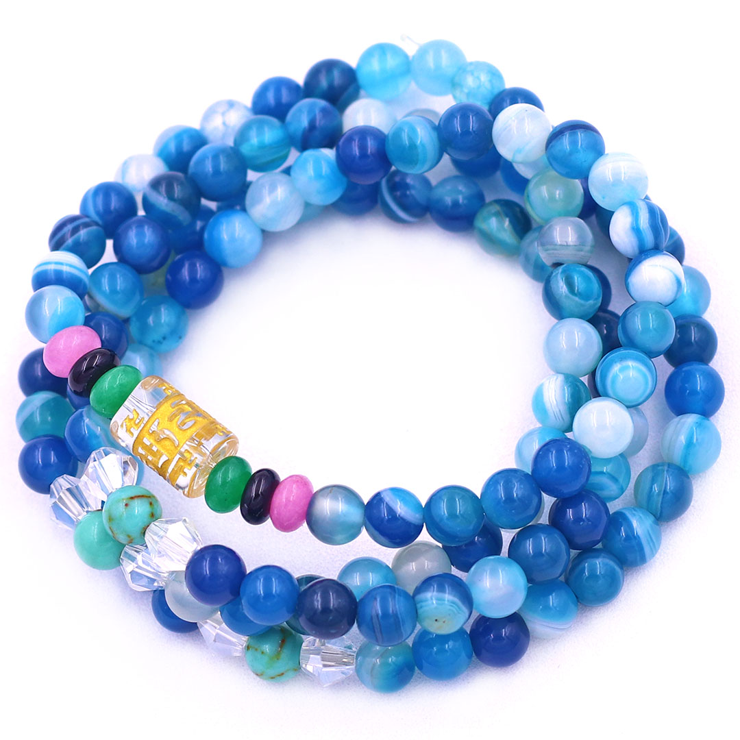 Vòng chuỗi 108 hạt mã não xanh biển sọc charm lục tự chân ngôn - hạt 8 ly , vòng chuỗi niệm Phật, vòng chuỗi đeo tay