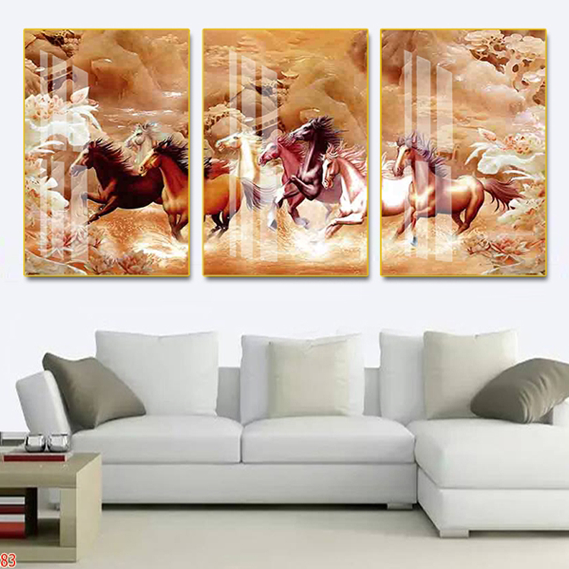 Bộ 3 Tranh Canvas Động Vật Phong Thủy - Tranh Tám Con Ngựa Chạy Tuyệt Đẹp