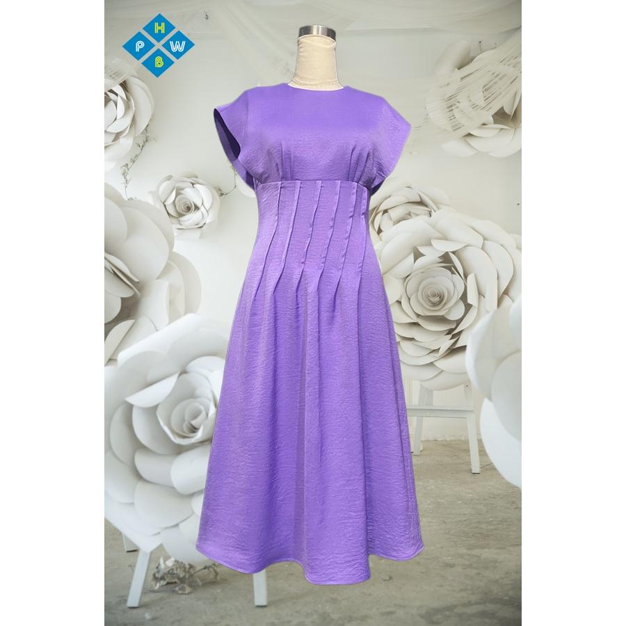 Đầm Tím Xếp Ly Hông Tay Đẹp Dạng Xòe