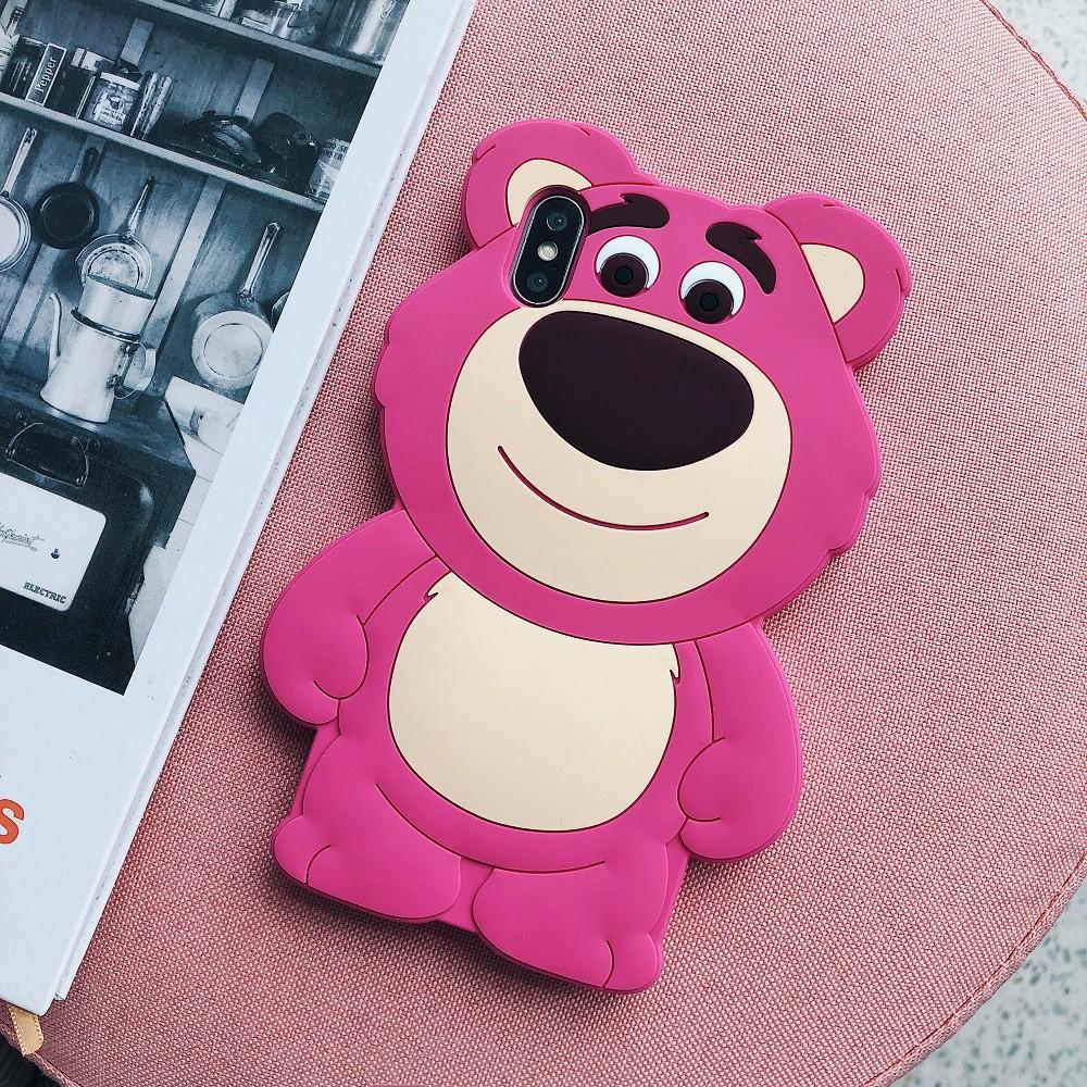 Ốp điện thoại bảo vệ hình chú gấu màu dâu tây 3D dễ thương dành cho iPhone 6 6s 7 8 Plus X Xs Max Xr 11 Pro Max