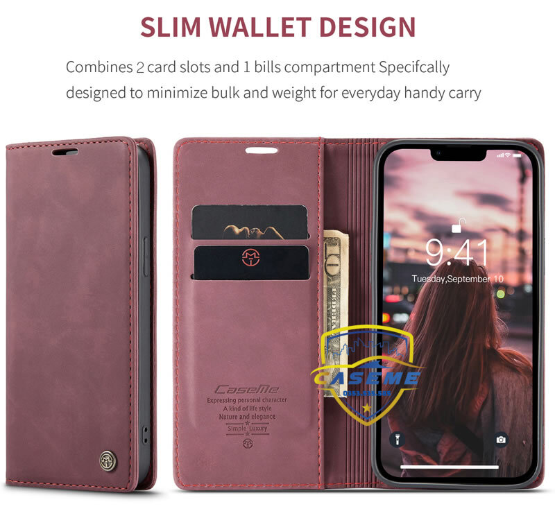 Bao da bò thật dạng ví dành cho iPhone 14 Caseme - Hàng Nhập Khẩu
