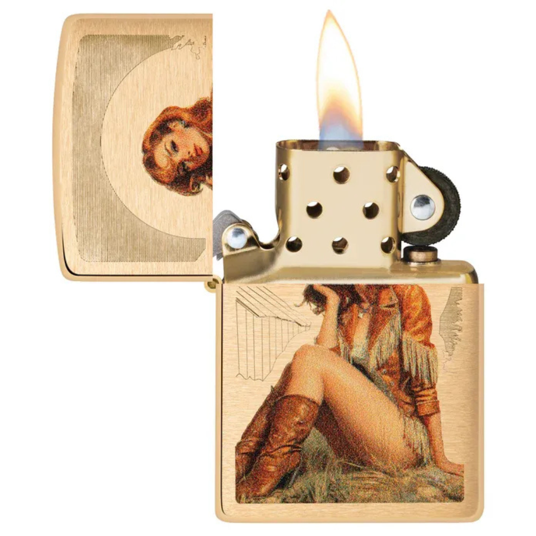 Bật Lửa Zippo Western Pinup Design Chính Hãng Mỹ - Bật Lửa Zippo Đồng Thau Mài Bóng Cổ Điển Cô Gái Cao Bồi