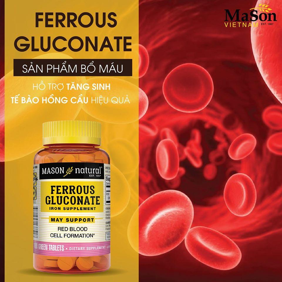 Viên uống bổ sung sắt hữu cơ Mason Natural Ferrous Gluconate hỗ trợ giảm hoa mắt chóng mặt do thiếu máu bảo vệ tim mạch