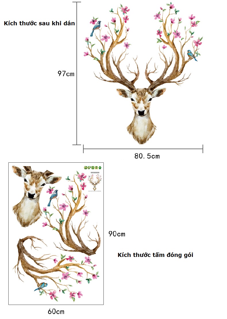 Decal trang trí Sừng nai 3D AmyShop DKN077 ( 97 x 81 cm)