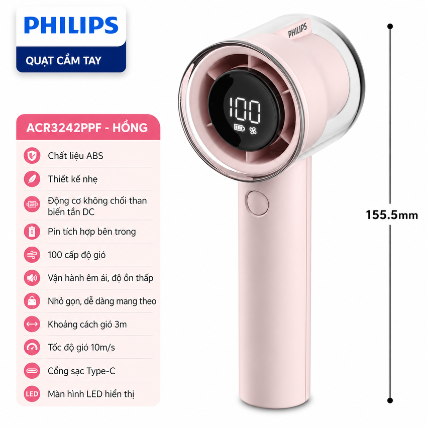 Quạt mini cầm tay USB thương hiệu Hà Lan cao cấp Philips ACR3242PPF serial 3000, 100 cấp độ gió, pin 3000mAH - Hàng chính hãng