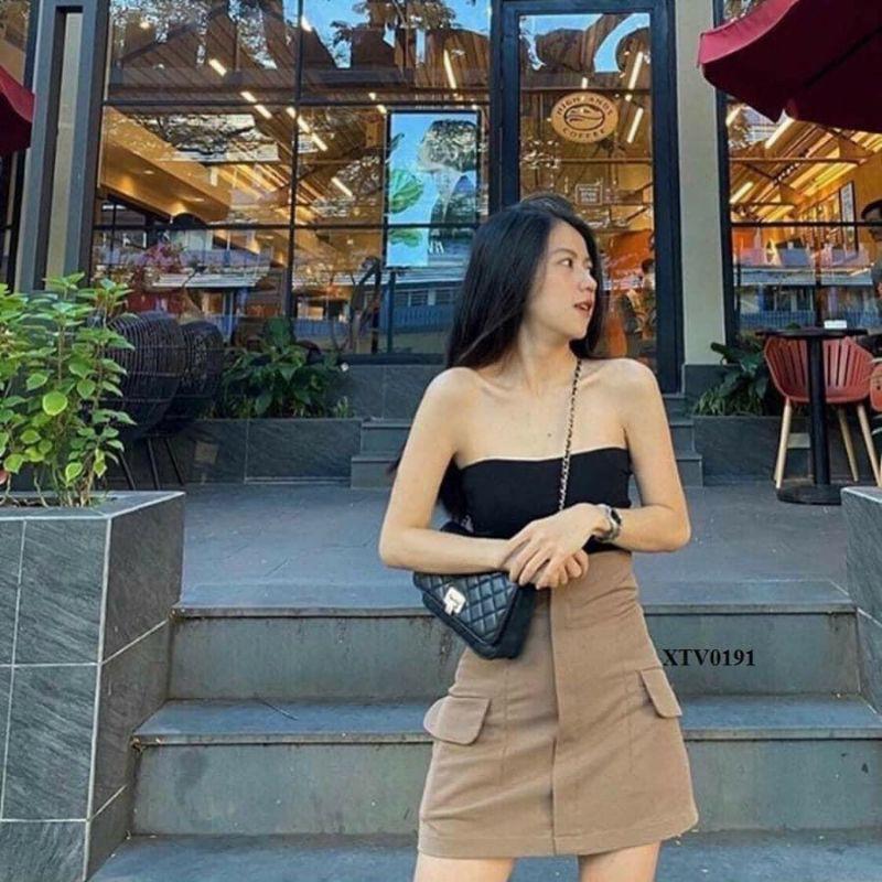 CHÂN VÁY CHỮ A NÂU 2 TÚI GIẢ