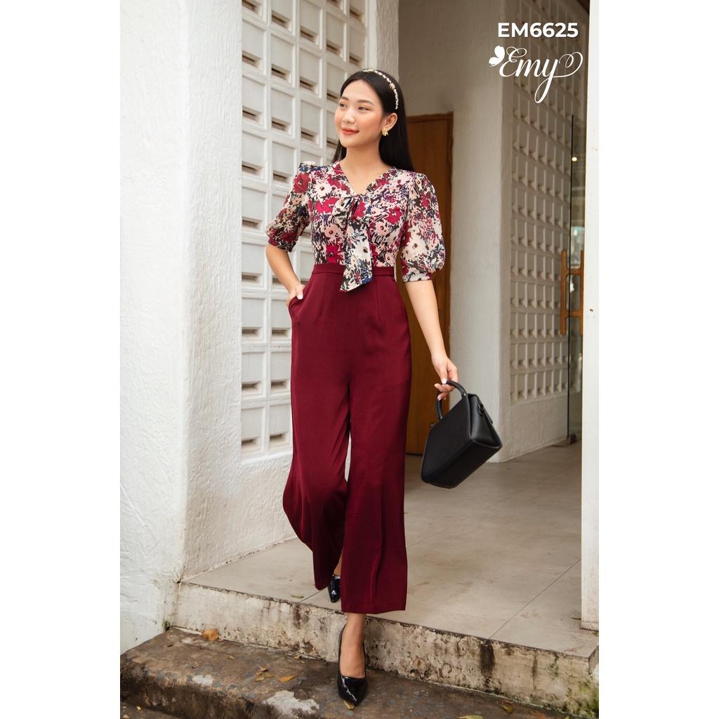 Jumpsuit EMY EM6625 Hoa Lá Phối Màu Phối Dây Cột Nơ