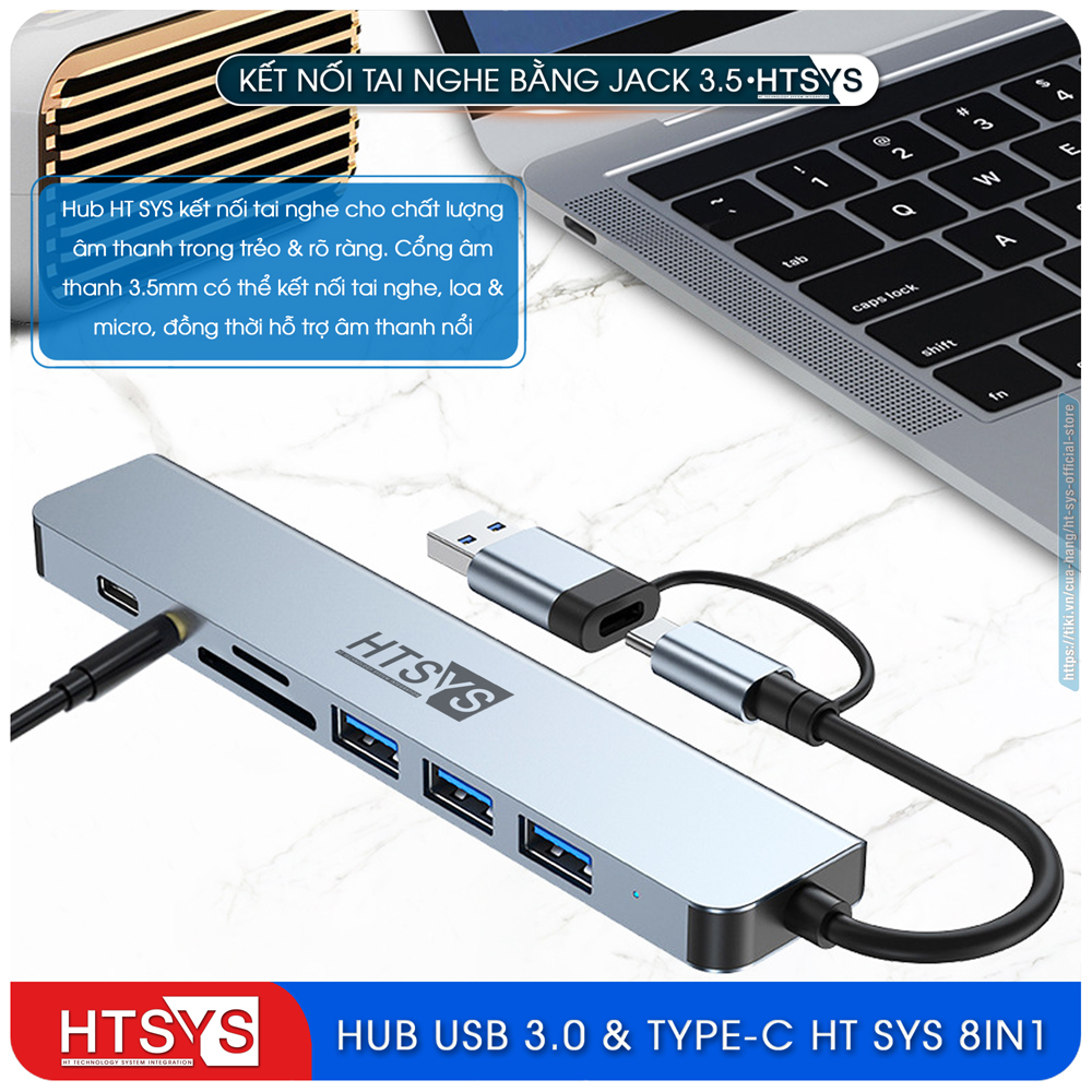 Hub Type C Và Hub USB HT SYS 8 in 1 To USB 3.0, SD, TF, USB C, Audio 3.5 - Hàng Chính Hãng
