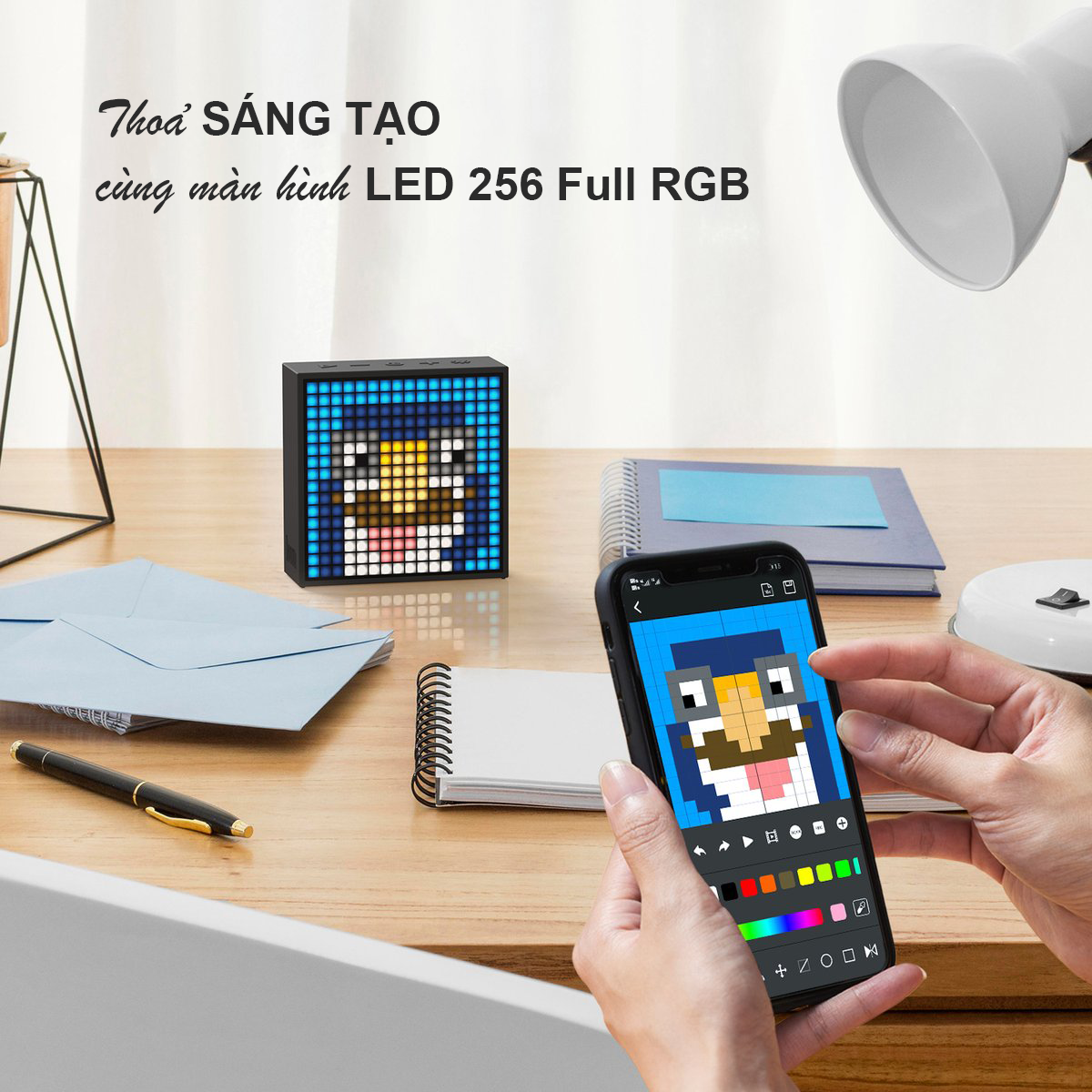 Loa bluetooth thông minh Divoom Timebox-Evo, màn hình LED 256 Full RGB, đồng hồ báo thức, ghi âm - HÀNG CHÍNH HÃNG