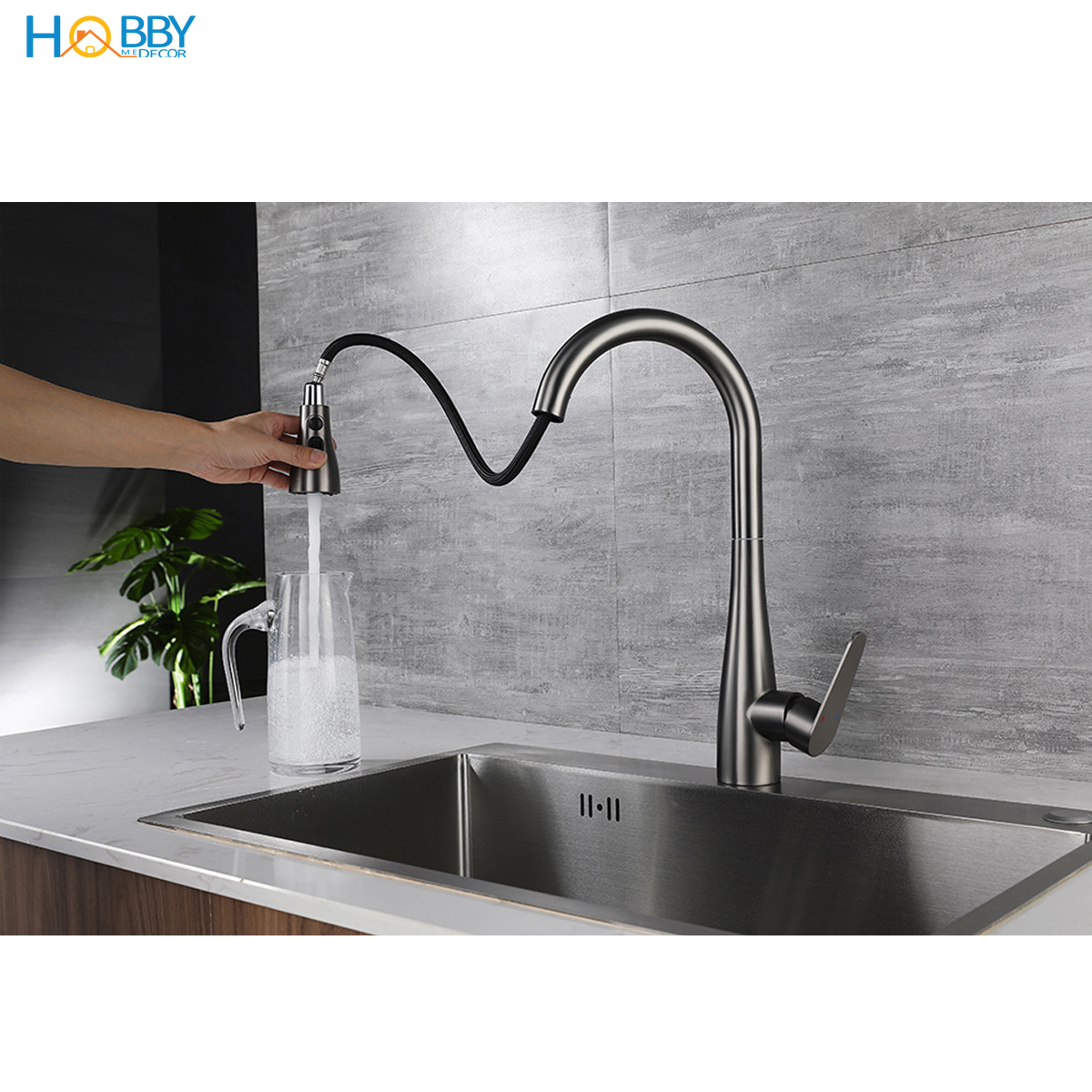 Vòi rửa chén nóng lạnh dây rút 3 chế độ Hobby home decor VDR7 Inox 304 sơn xám