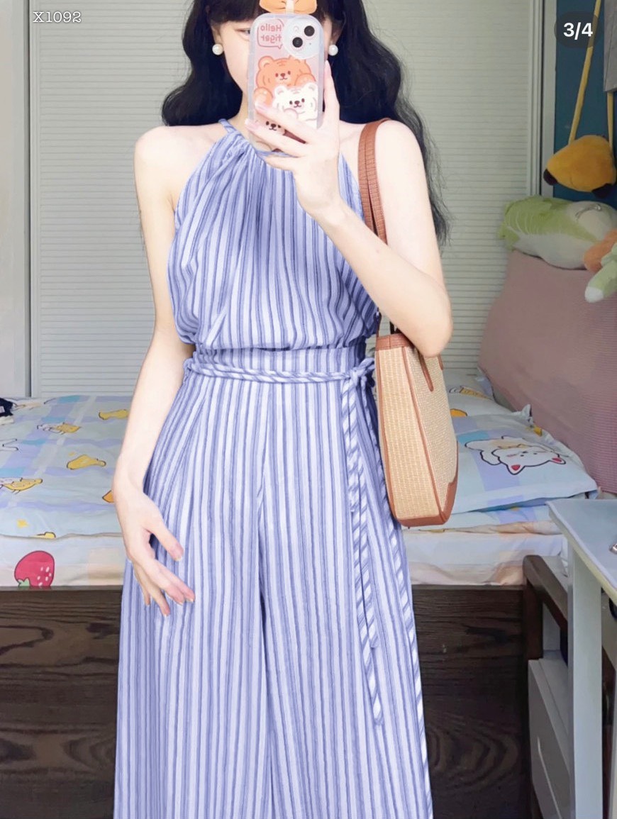 SET ÁO 2 DÂY YẾM SUÔNG TRƠN SÁT NÁCH CROPTOP + QUẦN DÀI ỐNG RỘNG LƯNG CAO SỌC JUMPSUIT ĐI BIỂN DẠO PHỐ ĐI CHƠI ĐI TIỆC