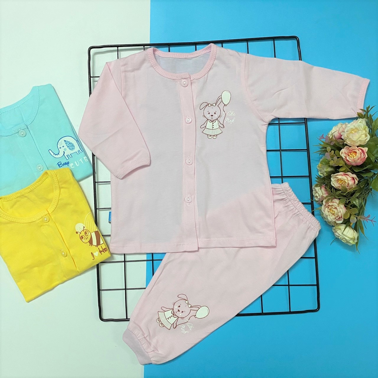 Combo 3 Bộ áo quần sơ sinh cotton Thái Hà Thịnh | Mẫu Tay Dài Cài Nút Giữa | Size 1,2,3,4,5 cho bé sơ sinh -12kg| Chất vải mềm, mịn, đẹp