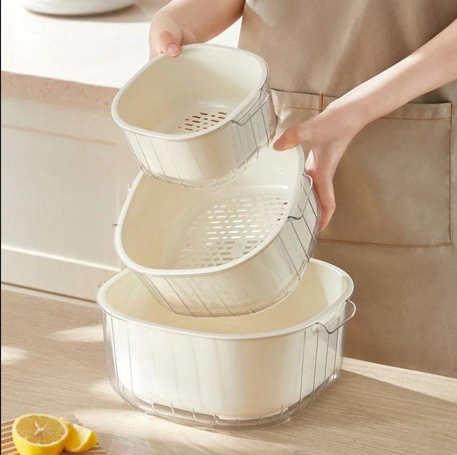 Bộ Thau Rổ 6 Món Thau Mika Trong Suốt Mới, Chất Liệu Nhựa PP Thoát Nước Nhà Bếp Tiện Dụng , Rổ Đựng Rau, Hoa Quả- Bộ Thau Rổ 6 Món Trong Suốt - Set Thau Chậu Nhựa Nhà Bếp