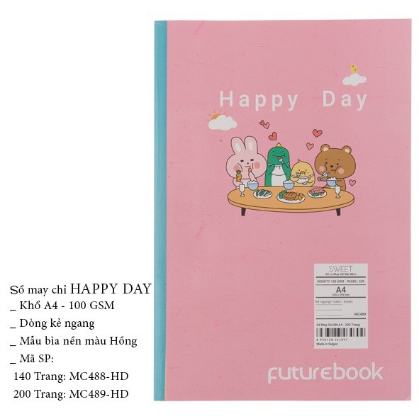 FUTUREBOOK-Sổ May Chỉ Dán Gáy Happy Day A4_Dòng Kẻ Ngang–Định Lượng 100 Gsm. 140Tr_200Tr