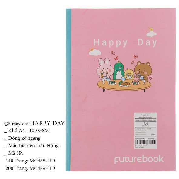 FUTUREBOOK-Sổ May Chỉ Dán Gáy Happy Day A4_Dòng Kẻ Ngang–Định Lượng 100 Gsm. 140Tr_200Tr ( Giao mẫu ngẫu nhiên )